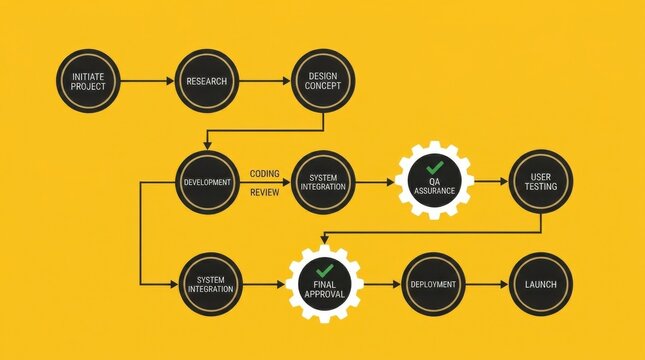 Software Development Workflow: A visual representation of the agile software development lifecycle, illustrating stages from research and design to coding, testing, and deployment.