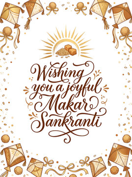 Vertical festive greeting card with til and jaggery emblem with kite border in warm caramel and cream on pure white background