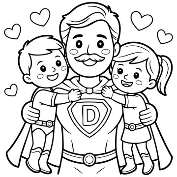 Super Dad Superhero With Children Hugging Coloring Page Isolated on a Transparent or White Background