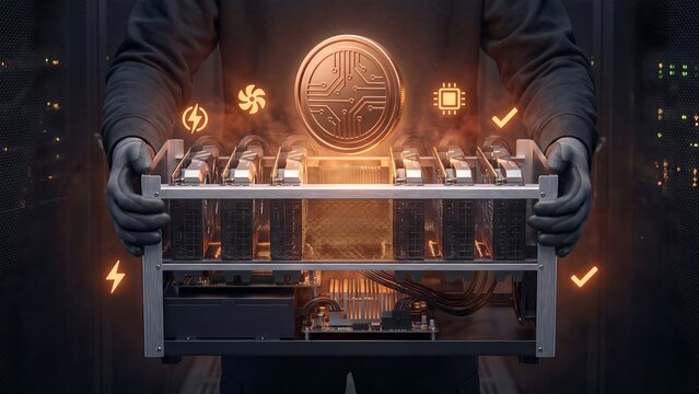 Cryptocurrency Mining Rig Management Platform. Gloved technician holding GPU mining rack with glowing circuit coin chip fan lightning bolt and checkmark icons in server room for crypto infrastructure