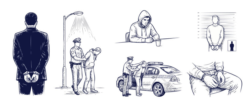 Police arrest suspect criminal sketch set with handcuffs and mugshot. Law enforcement justice system illustrations showing police car, interrogation room, and arrested man in handcuffs hand drawn vect