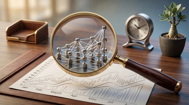 Magnifying glass analyzing complex network structure on financial report paper, business strategy research, data connection visualization, market trend analysis, office desk wit...