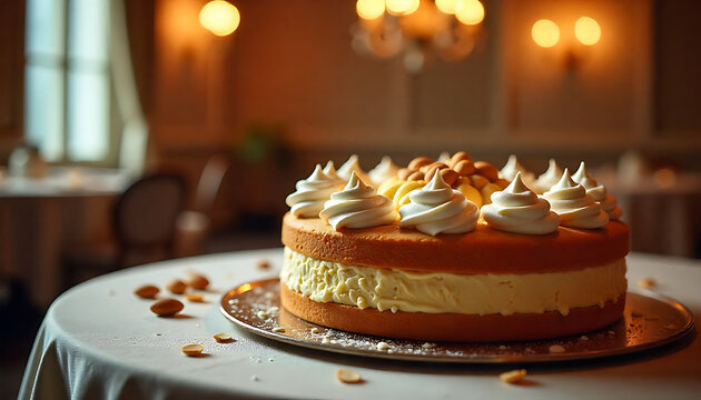 Elegant birthday cake with lit candles on dining table. Celebration dessert featuring golden drizzle and festive sprinkles for special occasions.