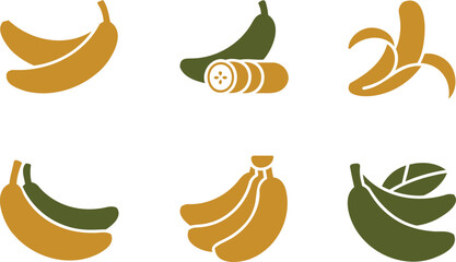 A collection of six stylized graphic icons representing bananas in various forms and arrangements © Shafiq