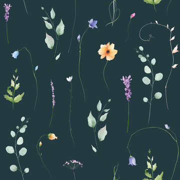 Watercolor floral seamless pattern. Meadow orange poppy, violet lavender flowers, blue eucalyptus branches, green leaves