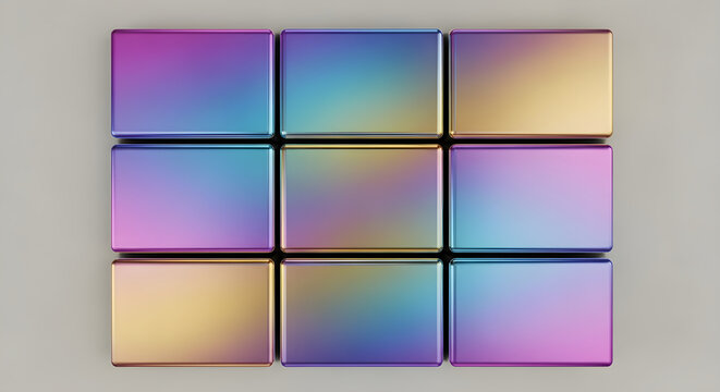 Abstract Grid of Iridescent Metallic Blocks Featuring Vibrant Gradient Colors and Modern Geometric Texture