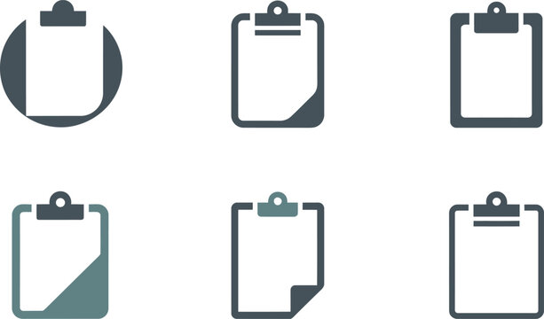 Collection of six different clipboard icons representing various document management and data entry tasks
