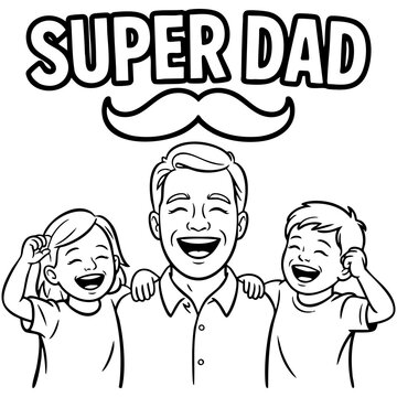 Super Dad Typography Illustration With Father And Two Children Line Art Isolated on a Transparent or White Background