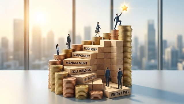 The visual metaphor of a career ladder constructed from coins, with tiny figures ascending towards a shining star, depicts the journey of professional growth and achievement.