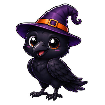 Little cute crow wearing a purple witch hat isolated on transparent background for Halloween