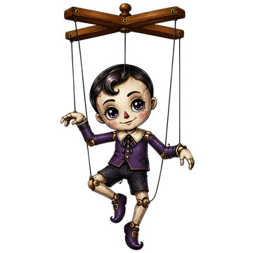 Detailed vintage marionette puppet boy isolated on transparent background for artistic display