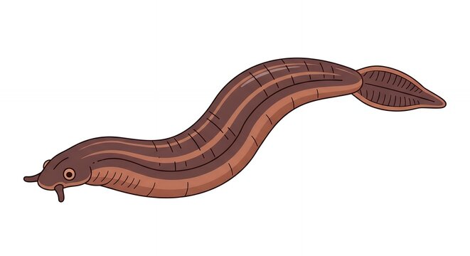 Detailed cartoon leech character design with brown stripes and segmented body isolated on a plain white background.