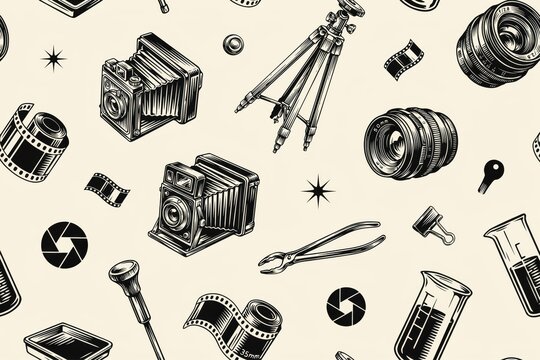 Seamless pattern featuring vintage cameras, camera lenses, tripods, rolls, and laboratory beakers on a light beige background texture