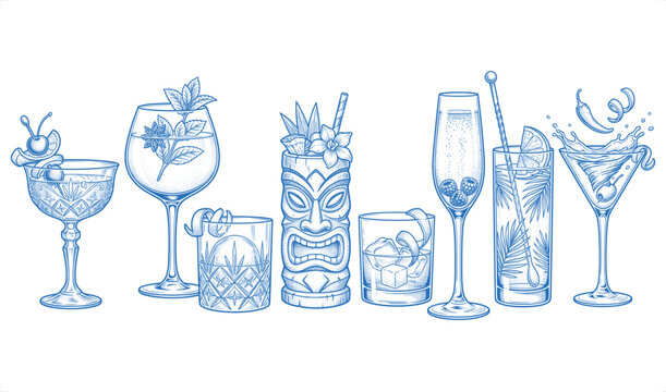 Assortment of refreshing blue cocktails and drinks with garnishes during a festive celebration vector illustration