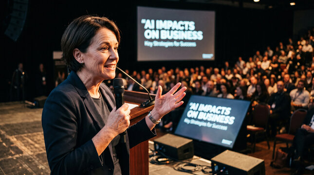 Business Speaker Presenting AI Impact on Stage