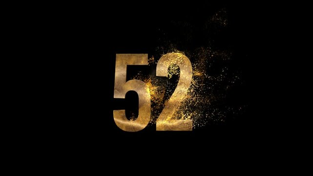Beautiful Golden Number 52 with golden particles and transparent background, golden number fifty two