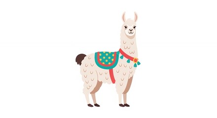 Fototapeta premium Cute White Llama Alpaca with Colorful Decorative Tribal Saddle and Neck Tassels Isolated on White Background Flat Style