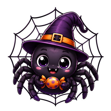 Friendly spider with a witch hat holding candy isolated on transparent background with web
