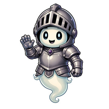 Friendly ghost knight in shining armor waving isolated on transparent background for design