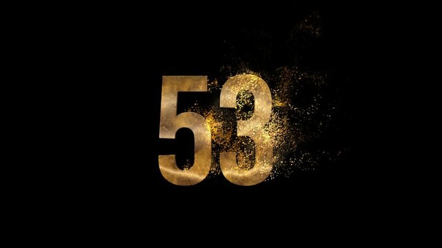 Beautiful Golden Number 53 with golden particles and transparent background, golden number fifty three