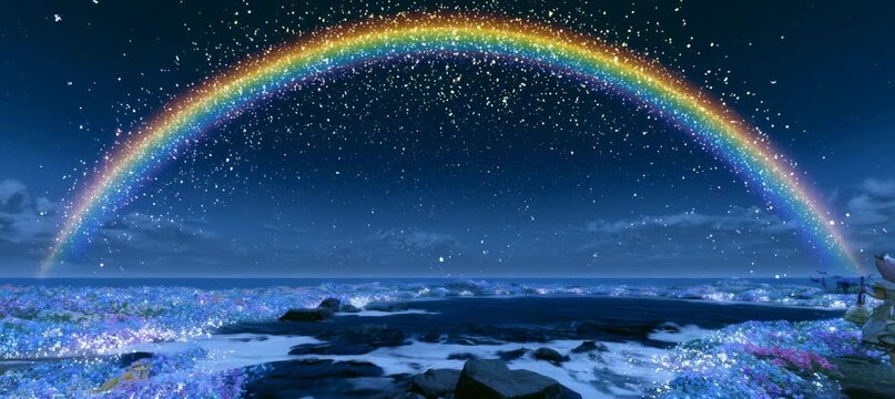 Glittering rainbow at sea shore with beautiful night sky. Generative video AI technology.	
