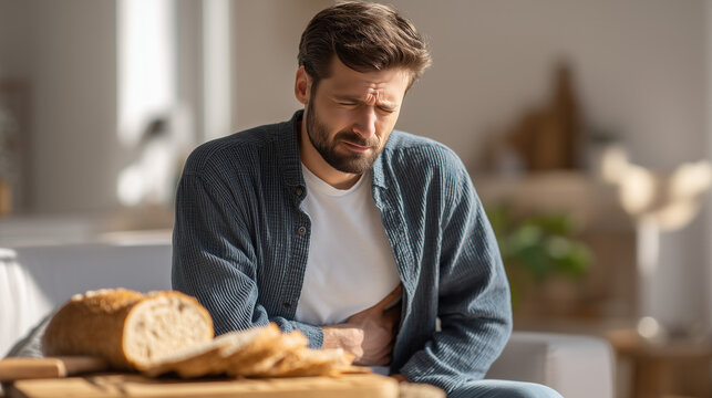 Man suffering from severe stomach cramps at home. Abdominal pain, digestive disorder, food intolerance and gastrointestinal disease concept.