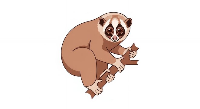 Cute Slow Loris Illustration Climbing a Tree Branch Isolated on White Background for Wildlife Designs