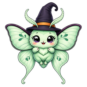 Cute moth fairy wearing a witch hat isolated on transparent background for fantasy art