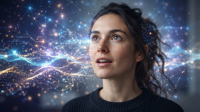 Woman portrait merging with digital data flow and futuristic artificial intelligence network
