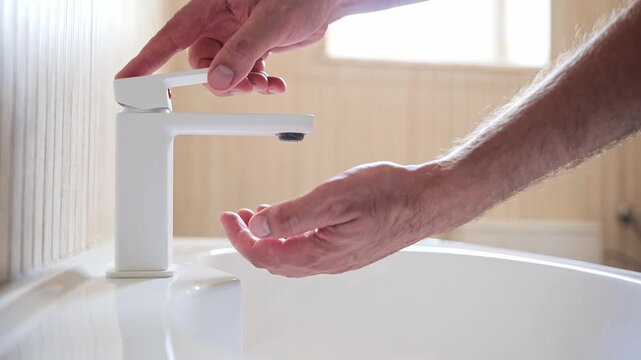 Slow motion video of a man's hand turning on a modern white bathroom faucet and cupping water under stream.