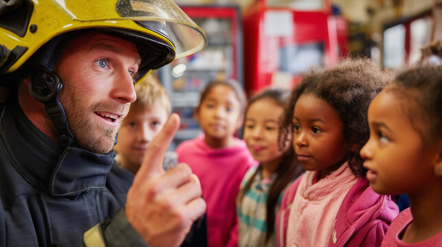 Professional firefighter explaining fire safety rules to a diverse group of children inside a fire station. Educational emergency preparedness and community safety awareness concept.