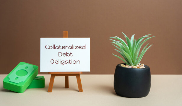 Collateralized debt obligation concept. Structured financial product that pools various debt assets and divides them into tranches with different risk and return profiles for investors. Notes, coins