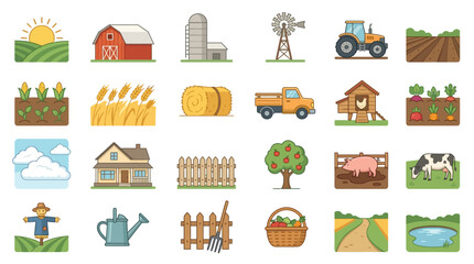 Creative Colorful Set of Farm Life Elements with Vintage Style Icons and Scenes with high quality professional line art symbols for modern creative design and digital branding projects © Achmad Rahayudin
