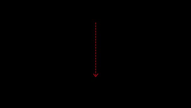 down red arrow direction icon with dotted line animation on Black background. dot arrows icon sign animate.d