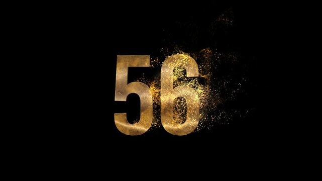 Beautiful Golden Number 56 with golden particles and transparent background, golden number fifty six