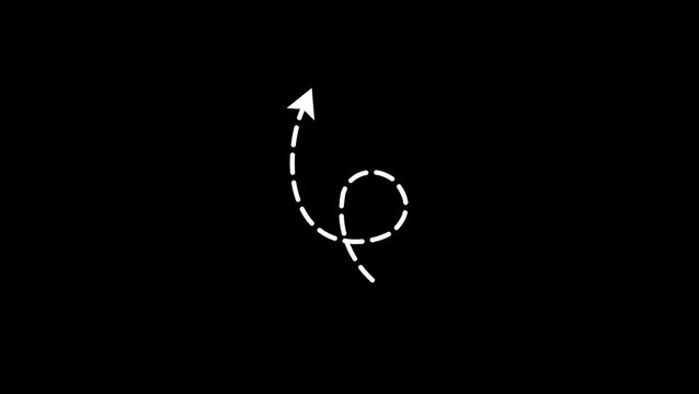 Animated black dotted arrow moving in a curved wavy path on transparent background with alpha channel animation on black background.