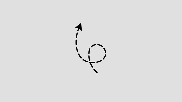 Animated white dotted arrow moving in a curved wavy path on transparent background with alpha channel animation on white background.