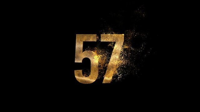 Beautiful Golden Number 57 with golden particles and transparent background, golden number fifty seven