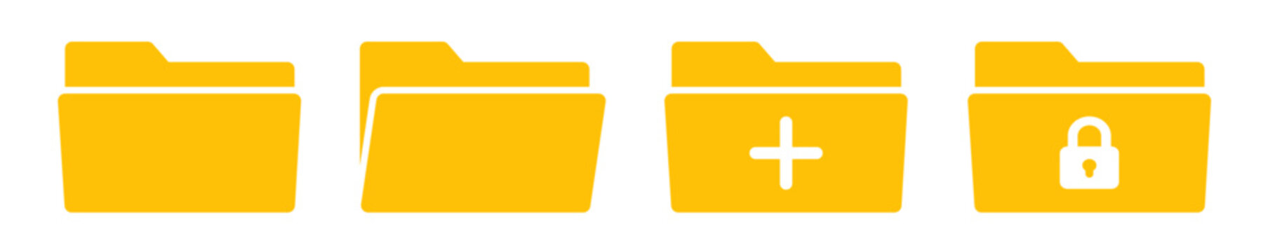 Colored Folder icon set with open, add and locked folder symbol. File manager icons for file explorer, storage management and document organization 