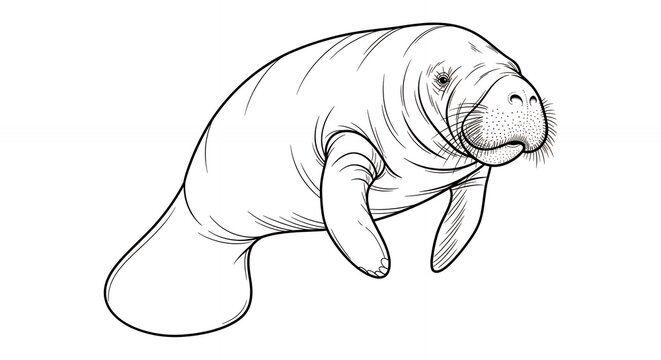 Minimalist Manatee Line Art Illustration for Educational Coloring Books and Sea Life Design Projects Featuring a Sea Cow