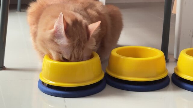 Horizontal close up video of an orange Siberian cat eating kibble with two empty yellow cat food bowls placed next to it while looking around