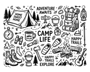 Hand drawn doodle set of camping gear and outdoor adventure elements.