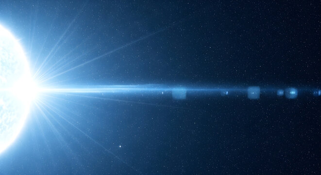 Bright Blue Star Shining Radiantly in Deep Outer Space with Glowing Light Flares and Cosmic Dust Particles for Astronomy Background