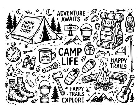 Hand drawn doodle set of camping gear and outdoor adventure elements.