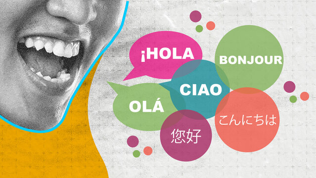 Graphic illustration of a person speaking with colorful speech bubbles showing greetings in Spanish, French, Italian, Portuguese, Japanese, and Chinese