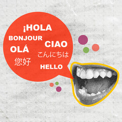 Stylized collage featuring an open mouth with a red speech bubble containing "hello" translated into multiple languages on a textured grid background © Leo Lintang