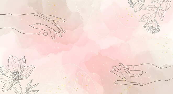 Elegant Hand-Drawn Female Hands and Floral Elements on a Soft Pastel Pink Watercolor Background for Artistic Design Projects