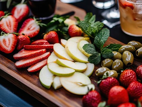 Elegant drink preparation scene featuring a garnish board with fresh fruit slices and aromatic herbs highlighting creative cocktail styling
