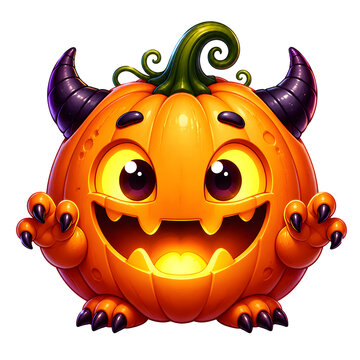 Cute monster pumpkin character with horns and claws isolated on transparent background art