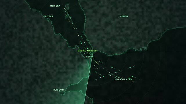 Maritime shipping-traffic map of the Bab-el-Mandeb strait in the southern Red Sea &mdash; a radar screen with a rotating sweep with vessels moving slowly along the sea lanes, animated aerial loop
